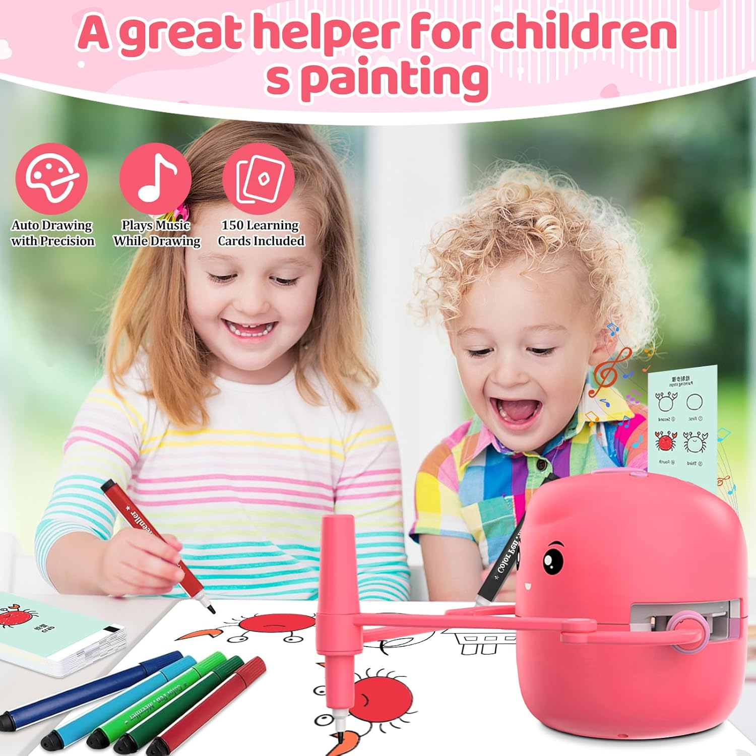 Drawing Robot for Kids with 150 Learning Cards & 17 Colorful Pens - Voice Interactive Educational Smart Art Painting Machine with Step-by-Step Guidance for Boys Girls STEM Toys