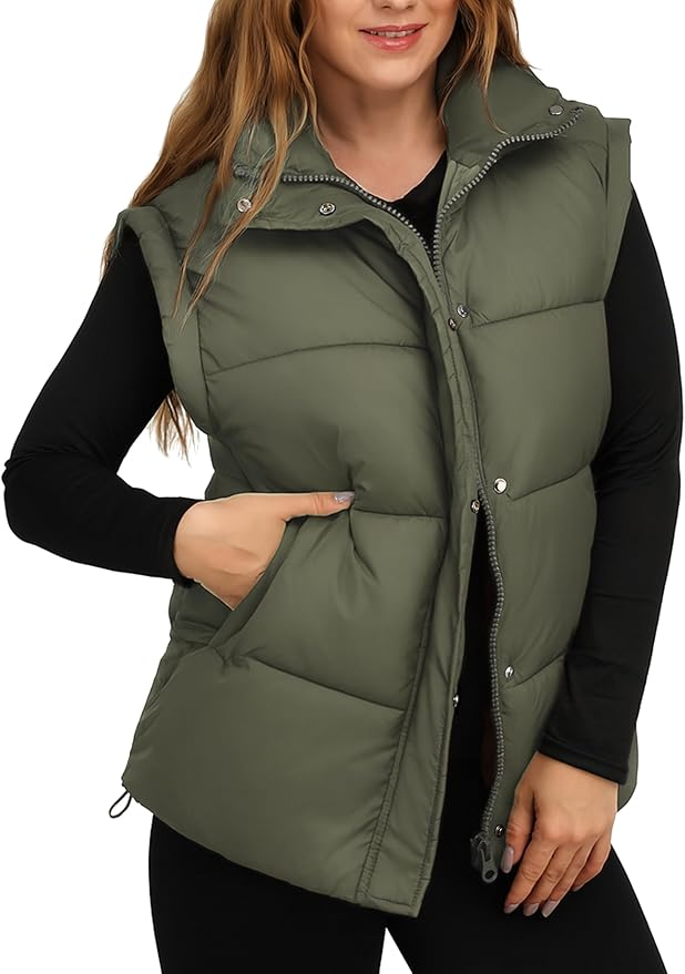 Women's Oversized Quilted Puffer Vest - Bubble Stand Collar Sleeveless Zip-Up Padded Jacket - Warm Winter Coat