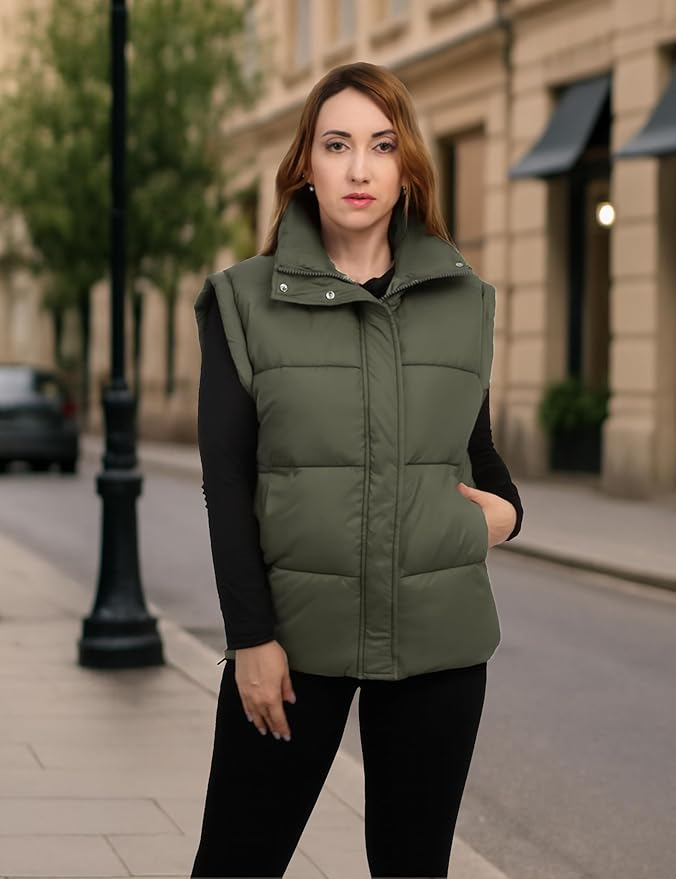 Women's Oversized Quilted Puffer Vest - Bubble Stand Collar Sleeveless Zip-Up Padded Jacket - Warm Winter Coat