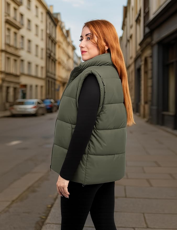 Women's Oversized Quilted Puffer Vest - Bubble Stand Collar Sleeveless Zip-Up Padded Jacket - Warm Winter Coat