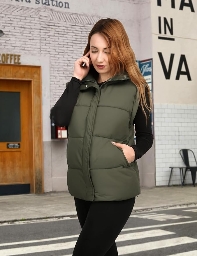Women's Oversized Quilted Puffer Vest - Bubble Stand Collar Sleeveless Zip-Up Padded Jacket - Warm Winter Coat