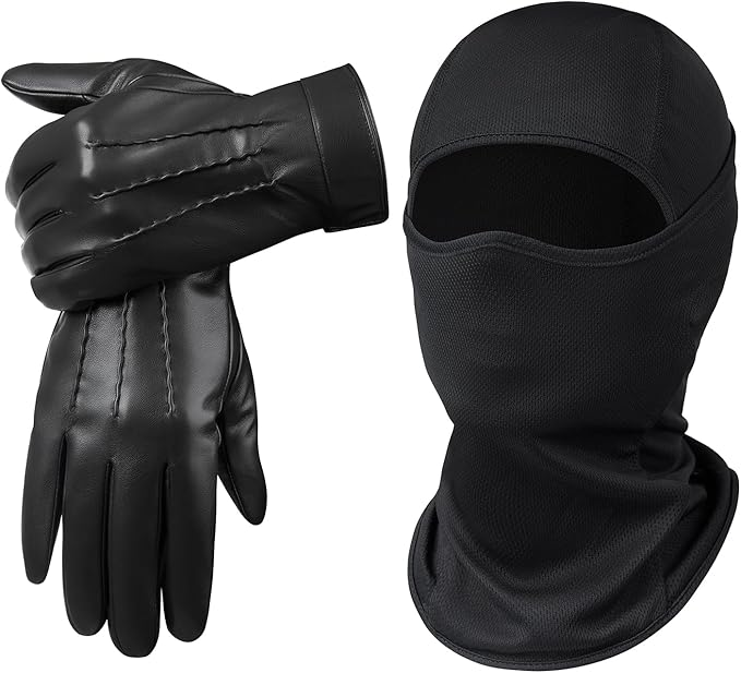 Winter Balaclava Face Mask & PU Leather Gloves Set - Breathable Full Face Mask with Touchscreen Waterproof Gloves for Men Women
