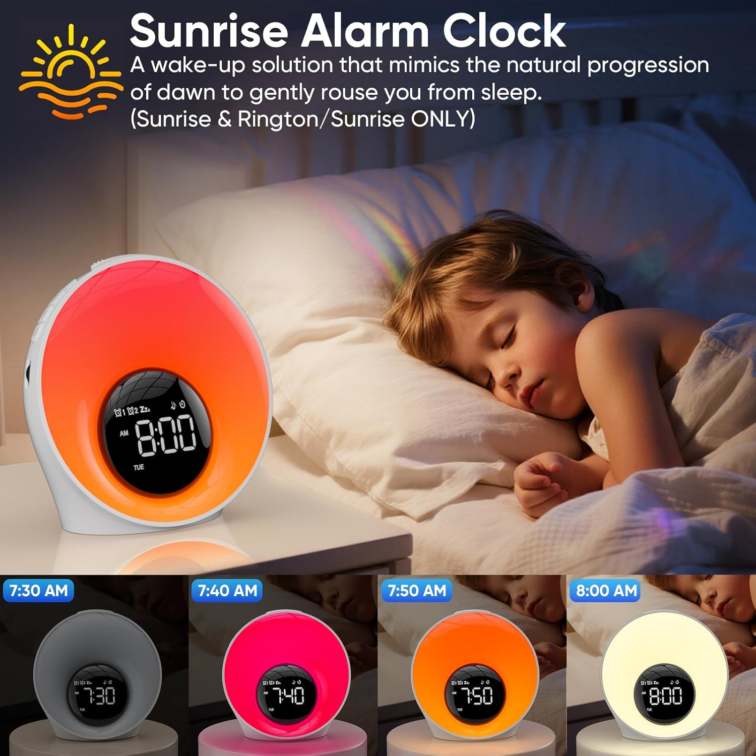 Wake Up Light Sunrise Alarm Clock - Sunrise Simulation & White Noise Machine with 30 Soothing Sounds - 14 Color Night Light - Dual Alarms for Heavy Sleepers Adults Kids