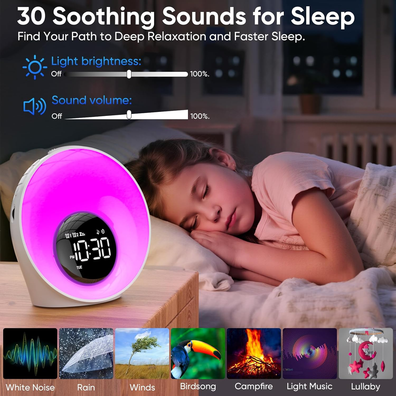 Wake Up Light Sunrise Alarm Clock - Sunrise Simulation & White Noise Machine with 30 Soothing Sounds - 14 Color Night Light - Dual Alarms for Heavy Sleepers Adults Kids