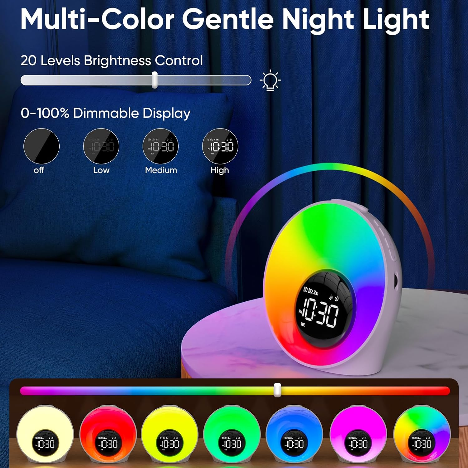 Wake Up Light Sunrise Alarm Clock - Sunrise Simulation & White Noise Machine with 30 Soothing Sounds - 14 Color Night Light - Dual Alarms for Heavy Sleepers Adults Kids