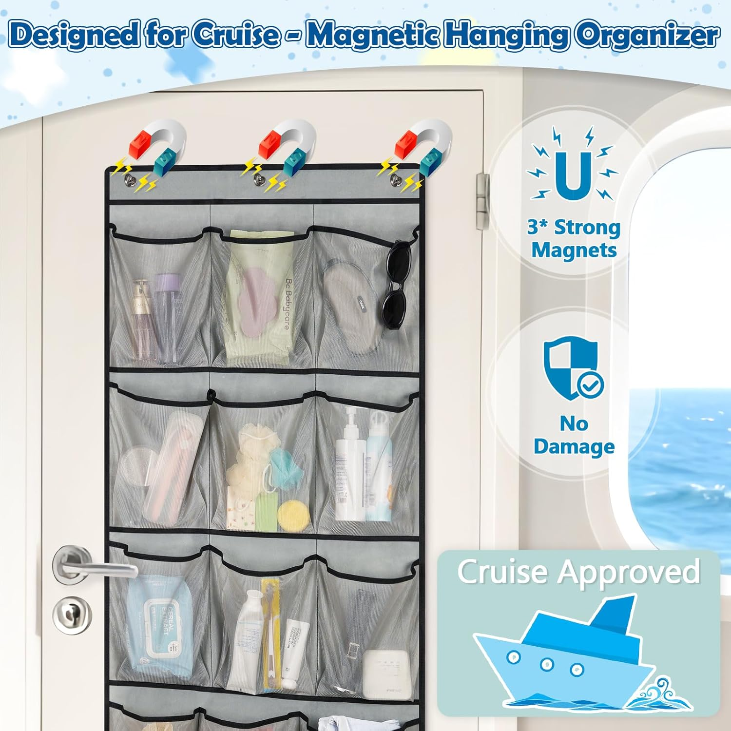 Over The Door Cruise Ship Organizer - Magnetic Door Organizer with 15 Pockets & 9 Hooks for Cabin Storage