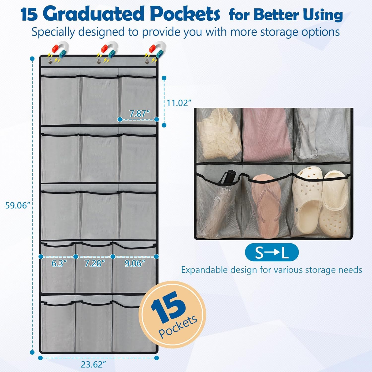 Over The Door Cruise Ship Organizer - Magnetic Door Organizer with 15 Pockets & 9 Hooks for Cabin Storage