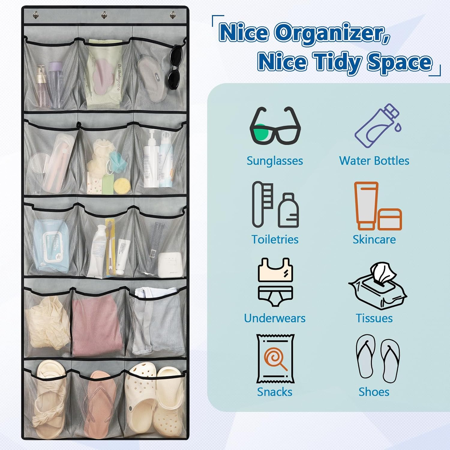 Over The Door Cruise Ship Organizer - Magnetic Door Organizer with 15 Pockets & 9 Hooks for Cabin Storage