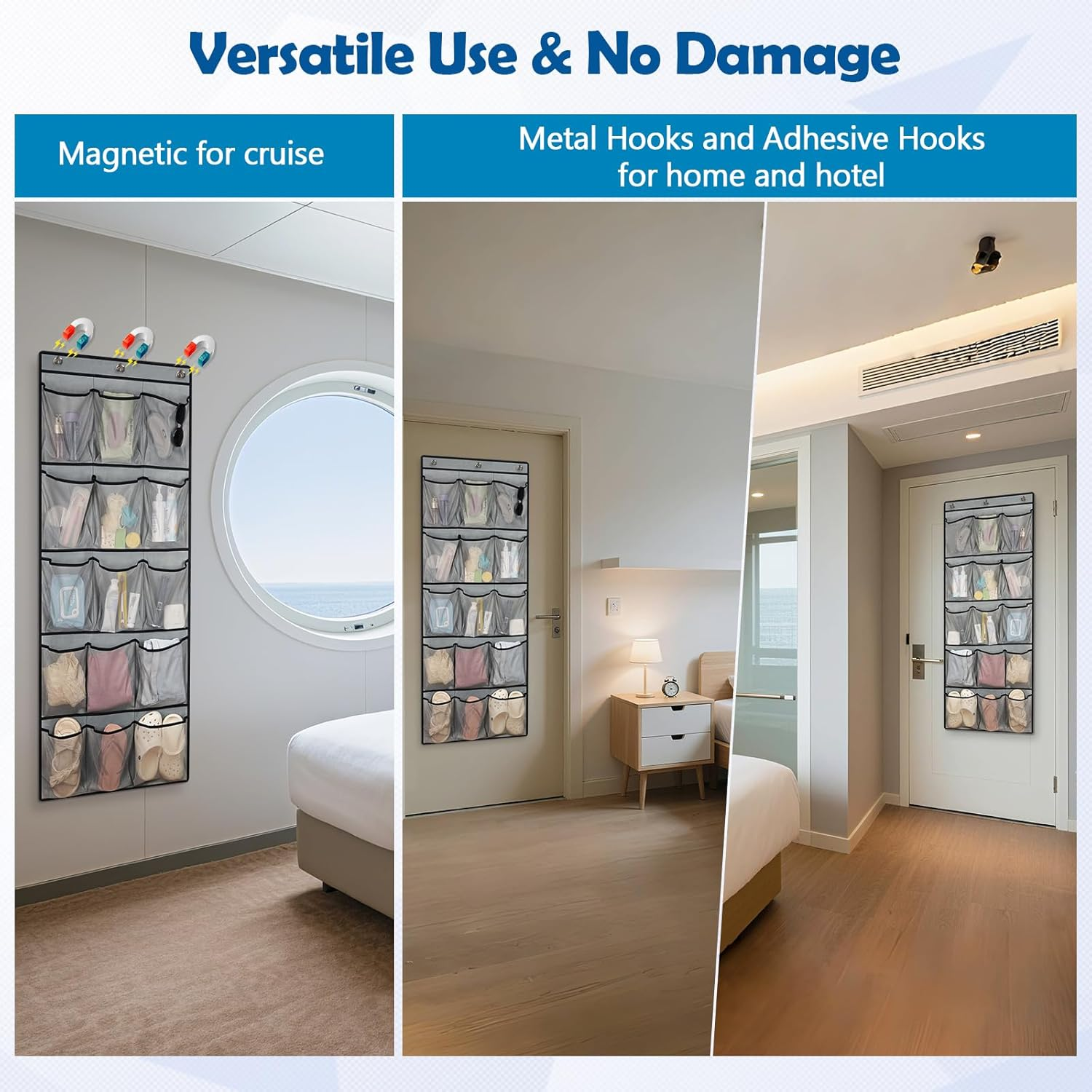 Over The Door Cruise Ship Organizer - Magnetic Door Organizer with 15 Pockets & 9 Hooks for Cabin Storage