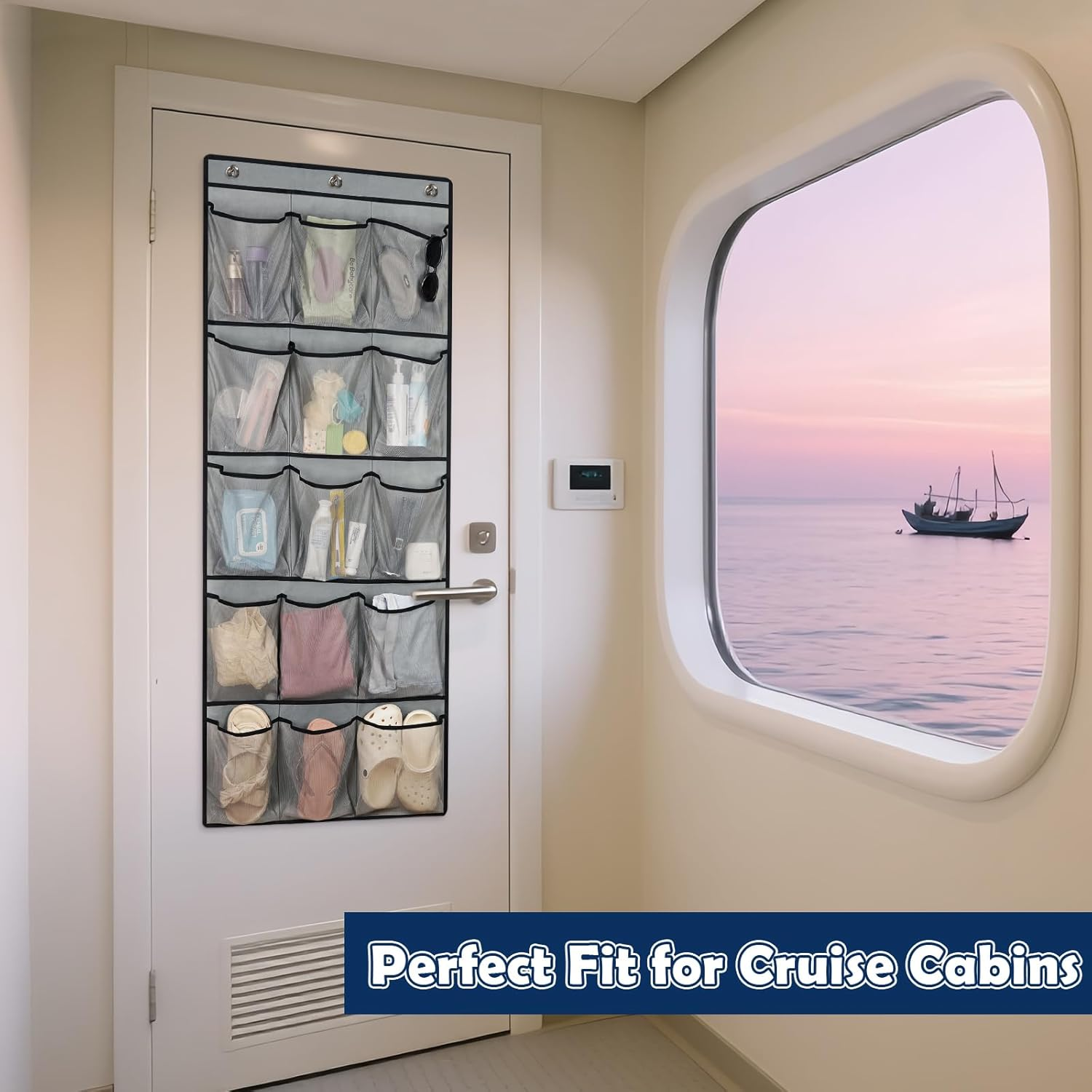 Over The Door Cruise Ship Organizer - Magnetic Door Organizer with 15 Pockets & 9 Hooks for Cabin Storage