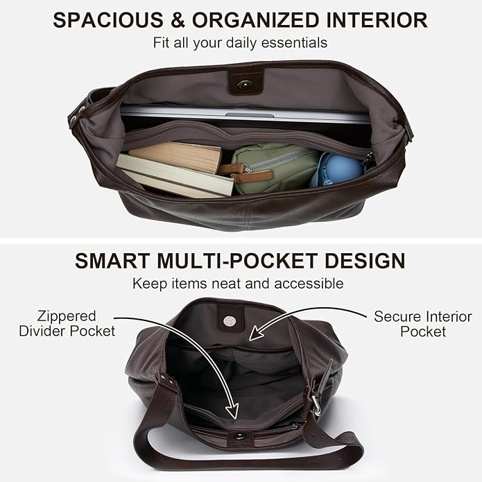 Hobo Bag for Women - Soft Vegan Leather Slouchy Shoulder Tote Purse with Cosmetic Pouch