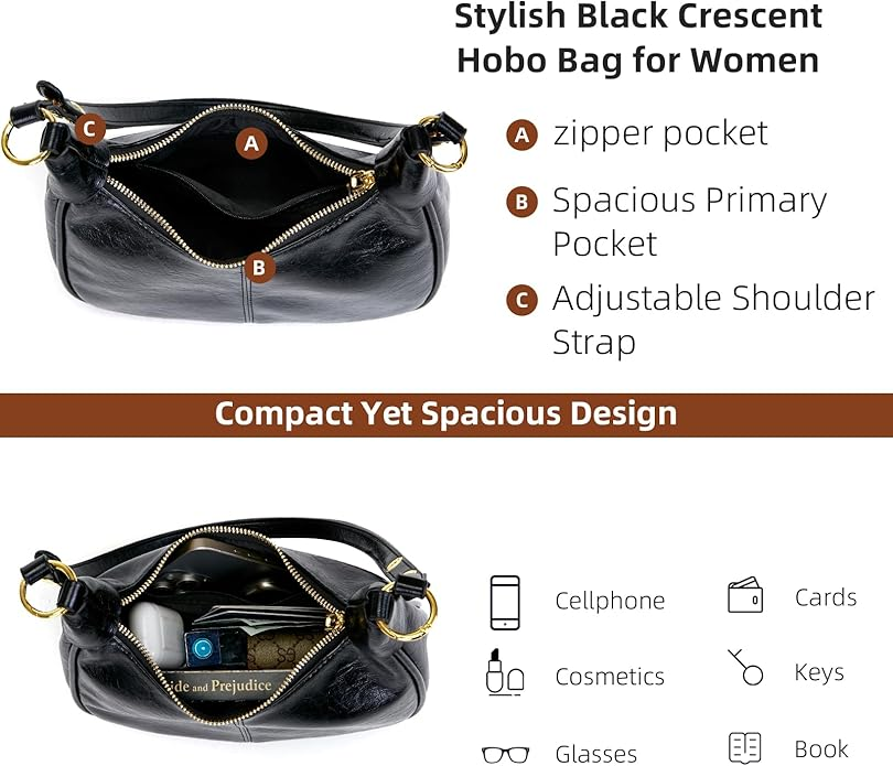 Shoulder Bags for Women Small Hobo Bags - Crescent Shaped Cute Retro Tote Handbag Mini Clutch Purse with Zipper Closure