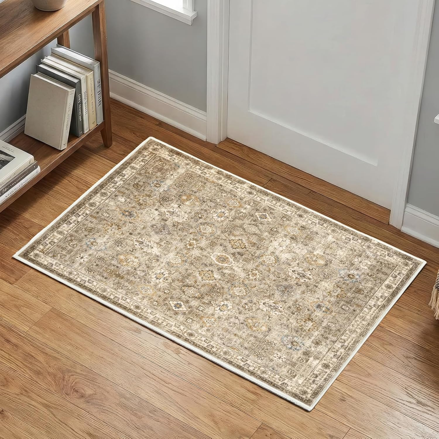 3x2 ft Washable Area Rug - Boho Vintage Gold Brown Small Rug for Kitch…