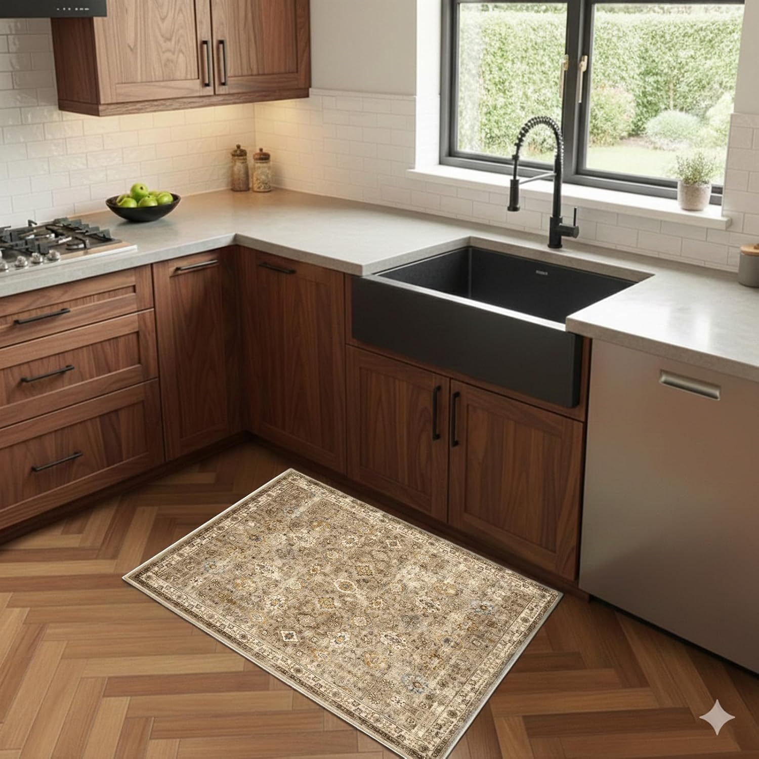 3x2 ft Washable Area Rug - Boho Vintage Gold Brown Small Rug for Kitch…