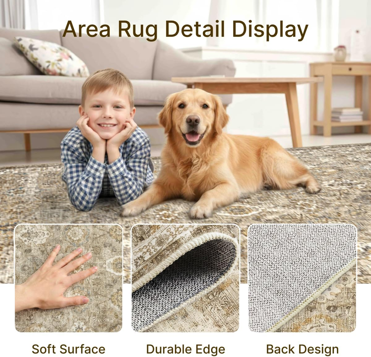 3x2 ft Washable Area Rug - Boho Vintage Gold Brown Small Rug for Kitch…