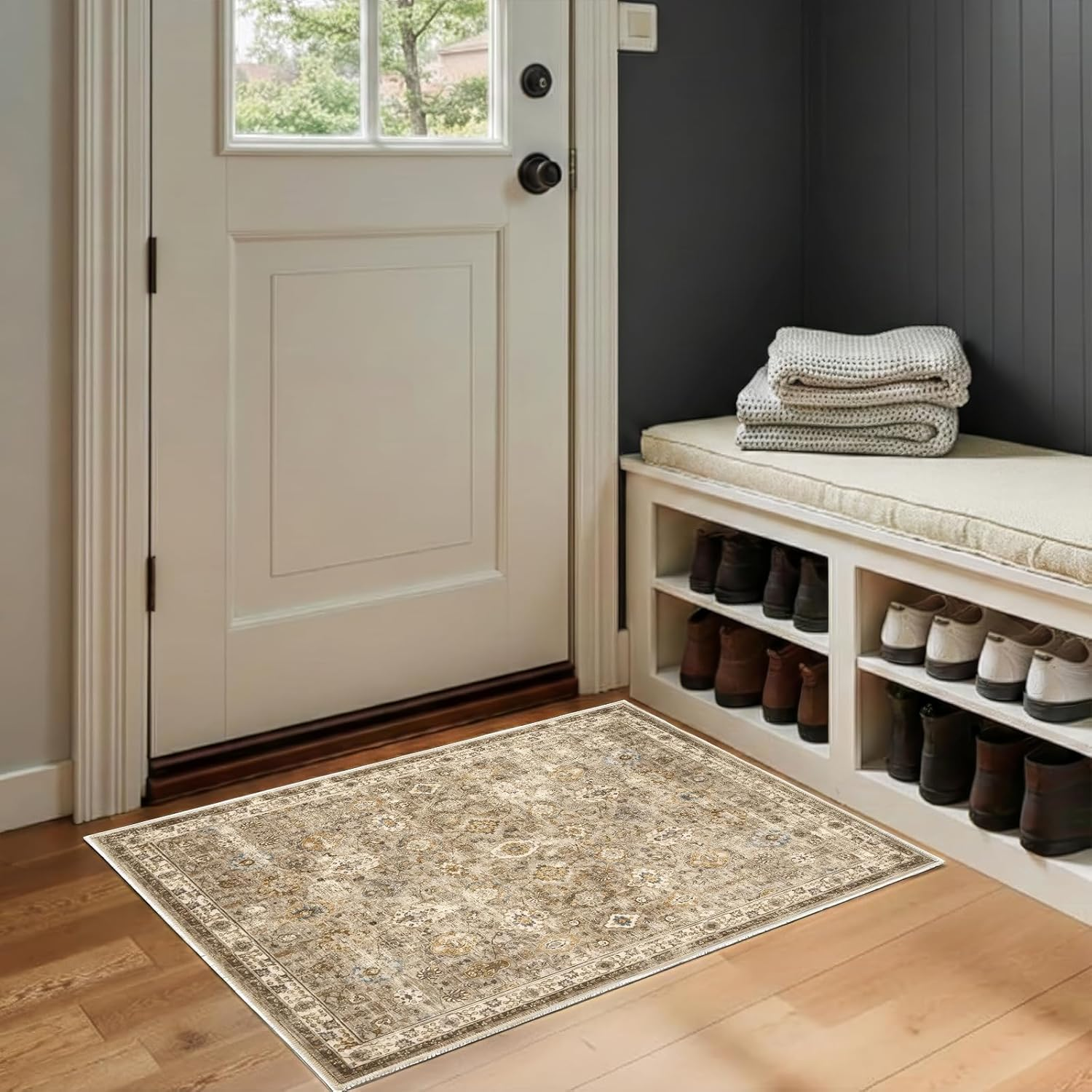 3x2 ft Washable Area Rug - Boho Vintage Gold Brown Small Rug for Kitch…