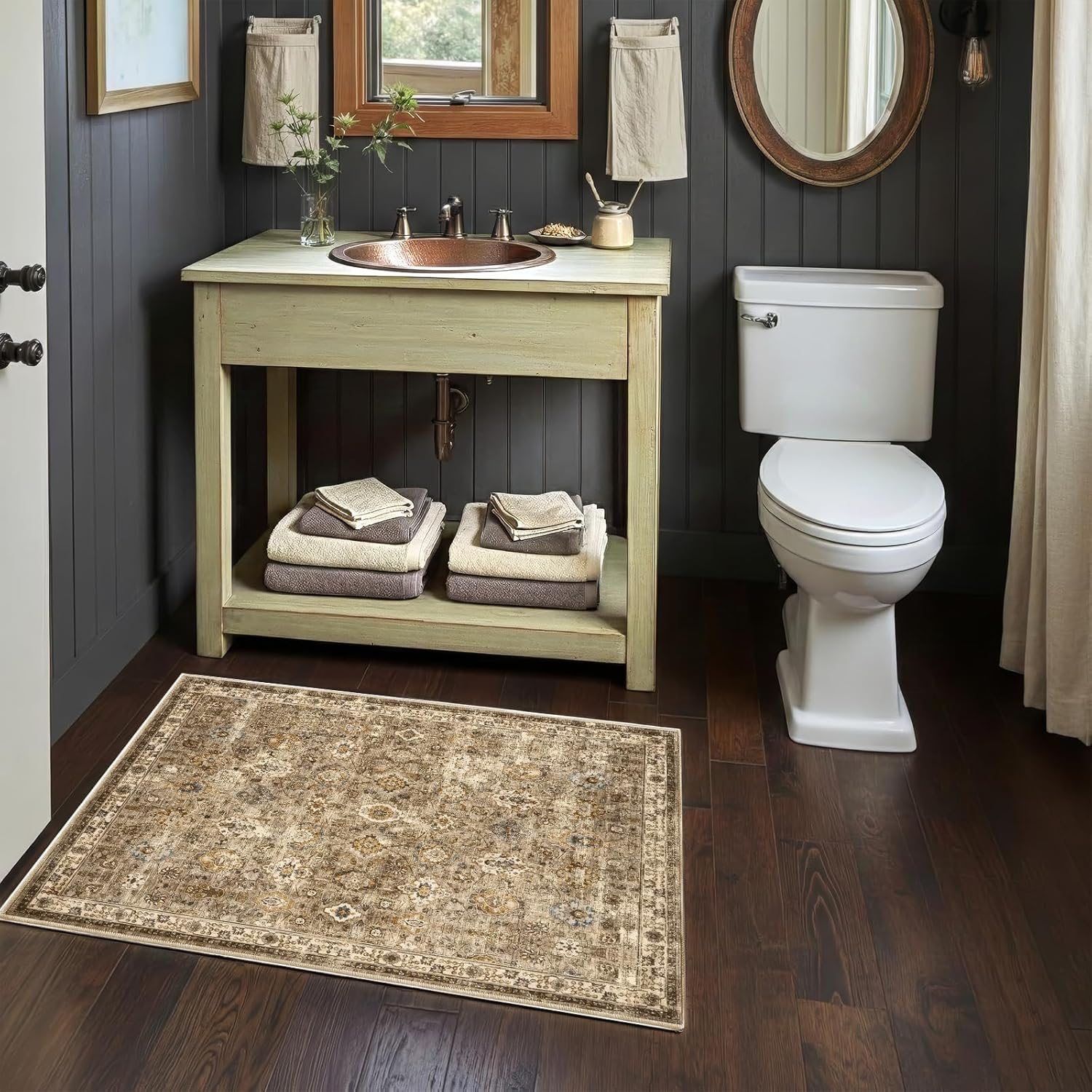 3x2 ft Washable Area Rug - Boho Vintage Gold Brown Small Rug for Kitch…