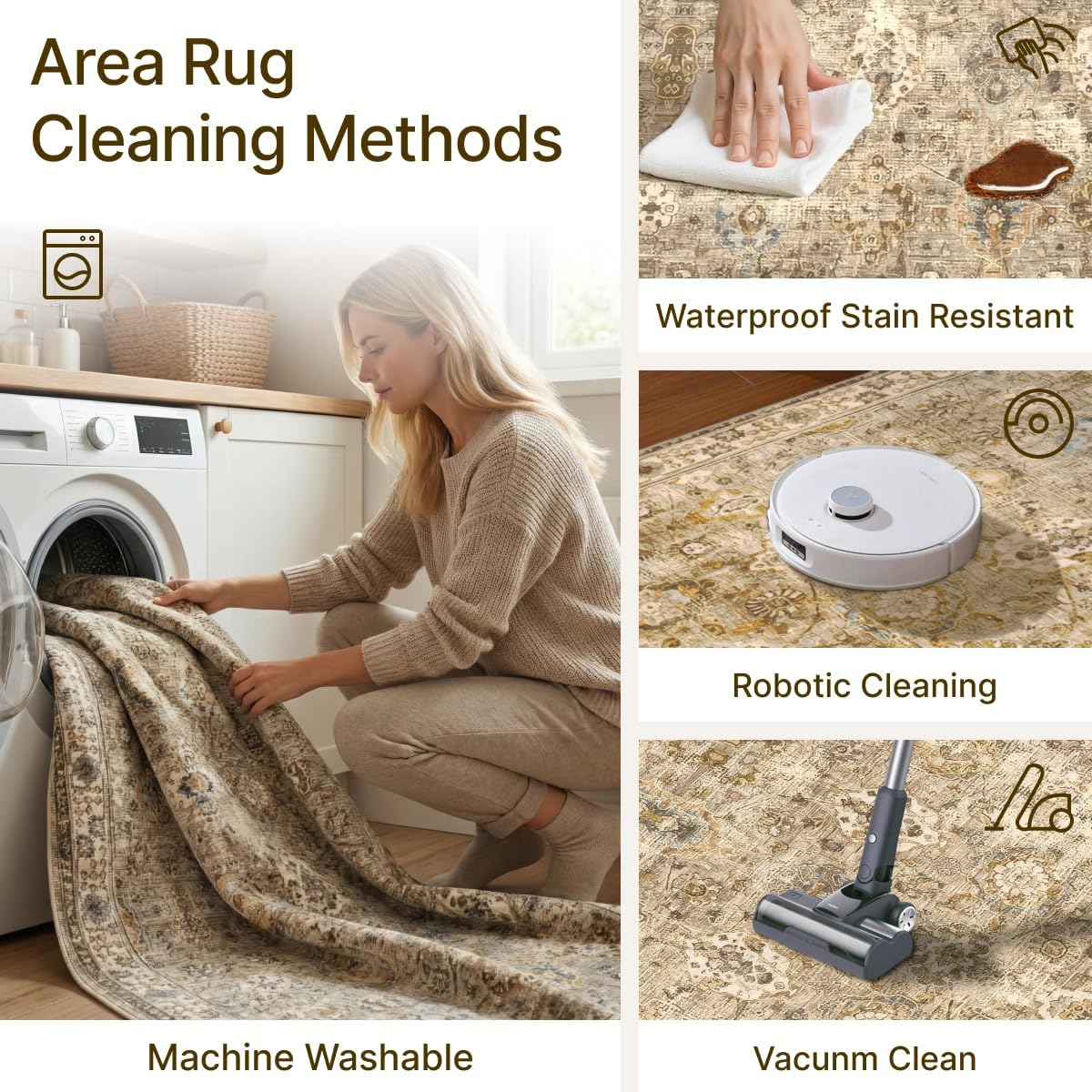 3x2 ft Washable Area Rug - Boho Vintage Gold Brown Small Rug for Kitch…