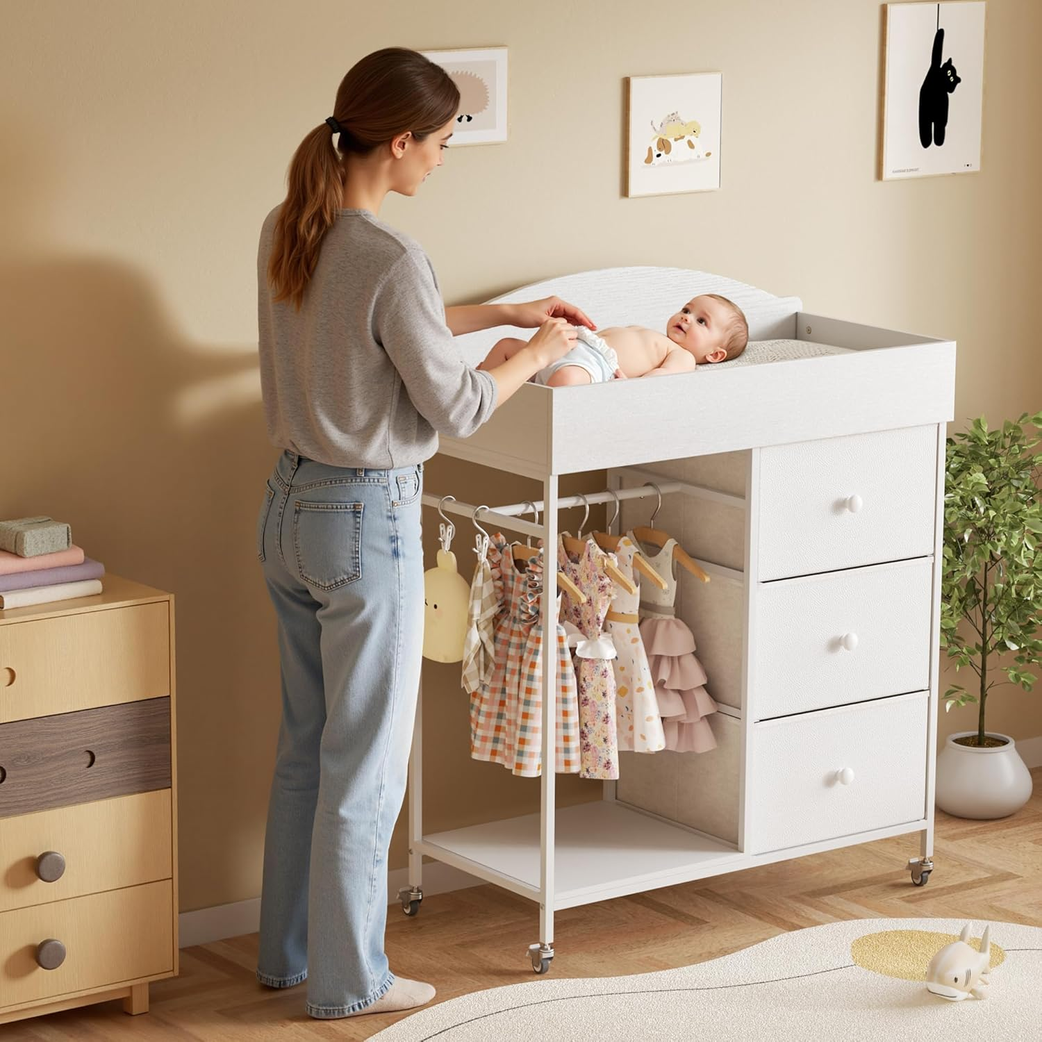 Changing Table Dresser with Clothing Rack - 3-Drawer Baby Dresser with Storage Shelf White