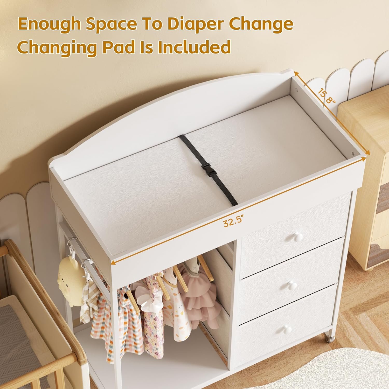 Changing Table Dresser with Clothing Rack - 3-Drawer Baby Dresser with Storage Shelf White