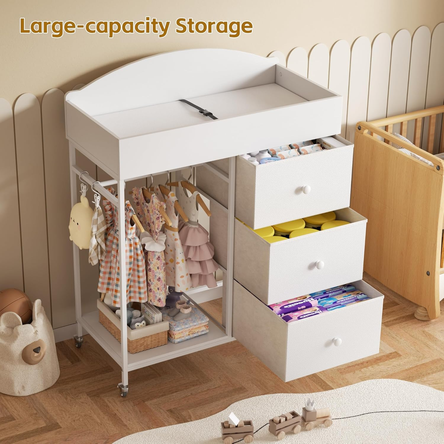 Changing Table Dresser with Clothing Rack - 3-Drawer Baby Dresser with Storage Shelf White