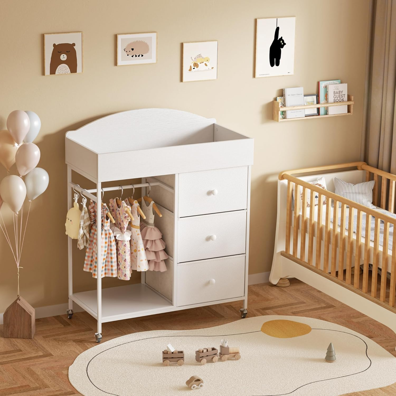 Changing Table Dresser with Clothing Rack - 3-Drawer Baby Dresser with Storage Shelf White