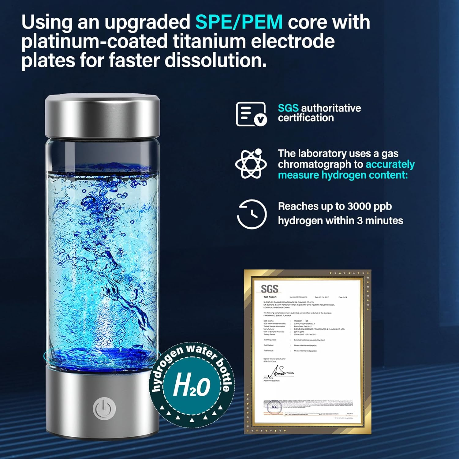 14 oz Portable Hydrogen Water Bottle Generator - USB Rechargeable with PEM-SPE Technology