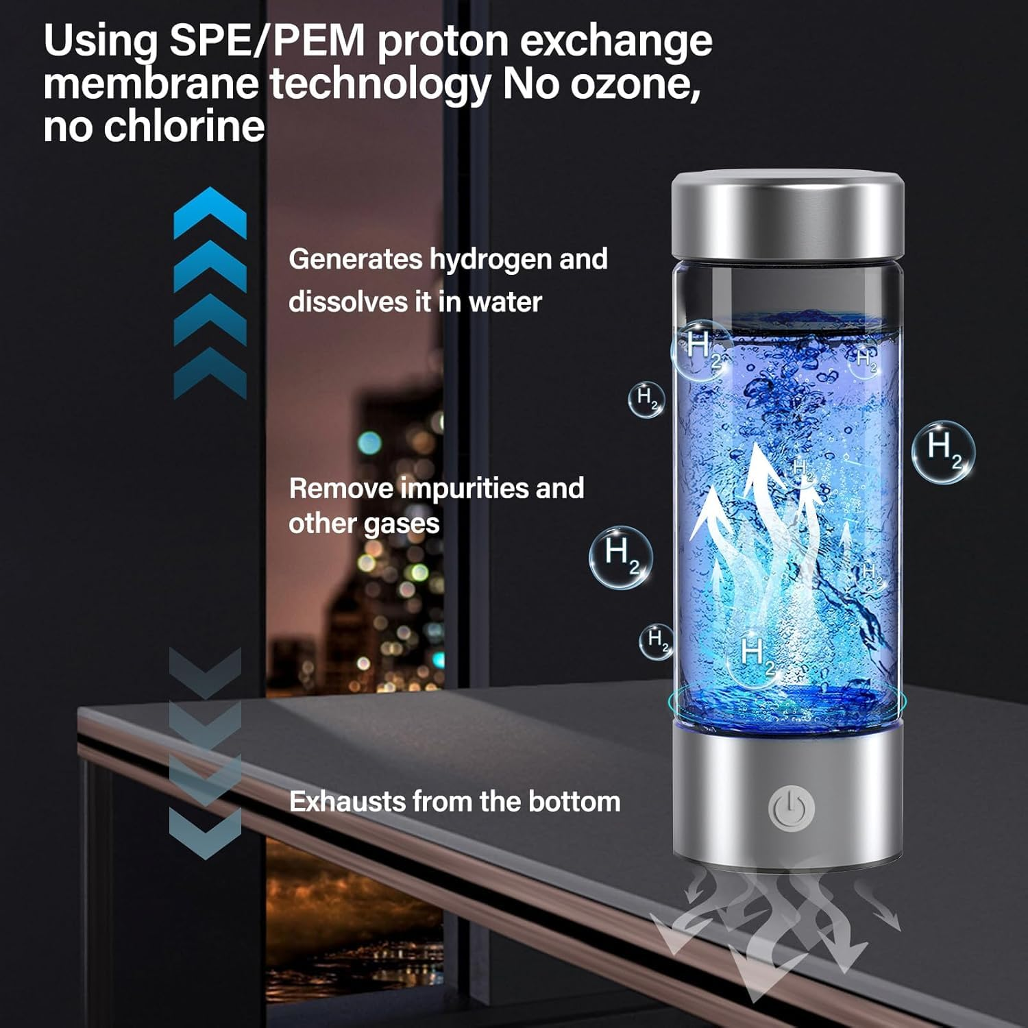 14 oz Portable Hydrogen Water Bottle Generator - USB Rechargeable with PEM-SPE Technology