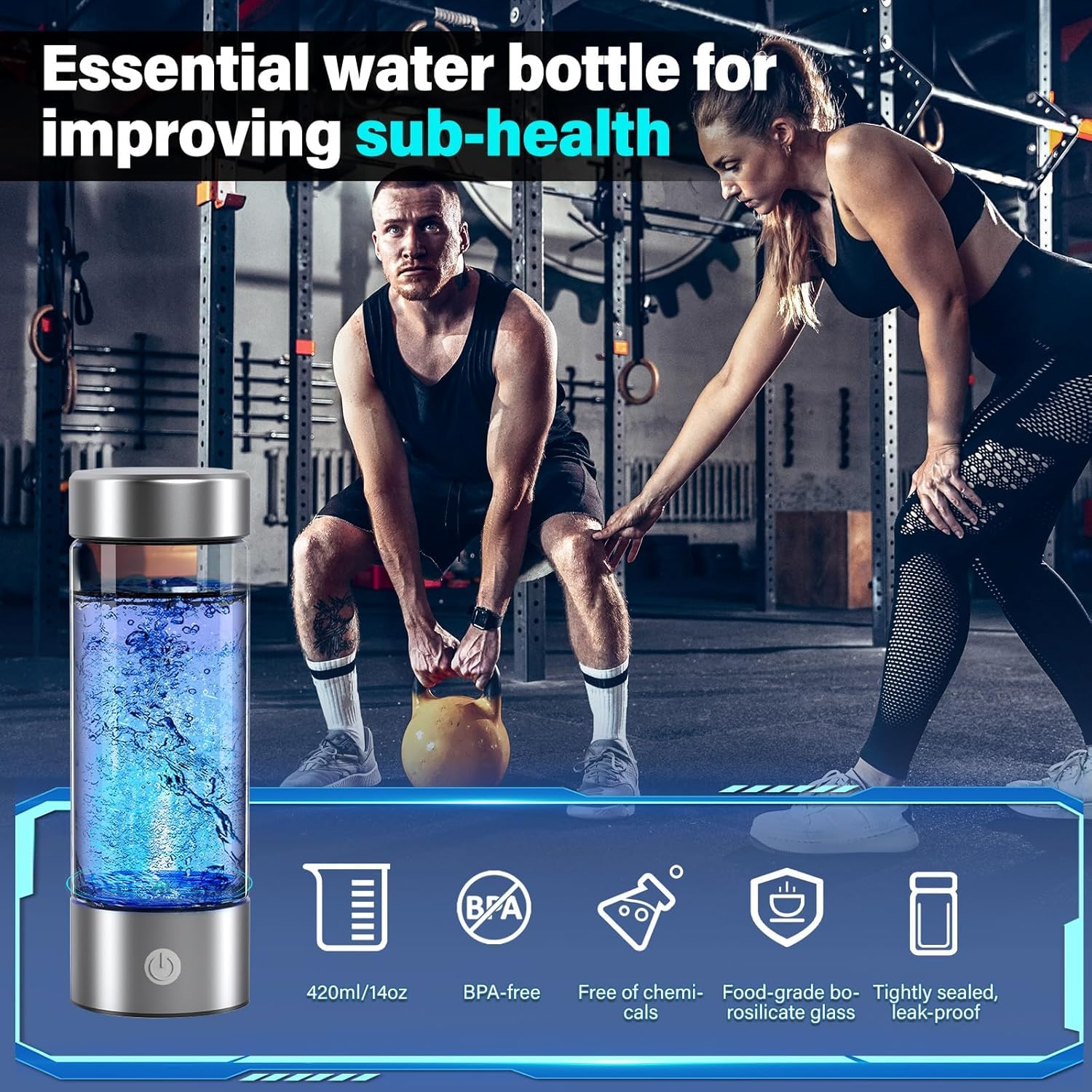 14 oz Portable Hydrogen Water Bottle Generator - USB Rechargeable with PEM-SPE Technology