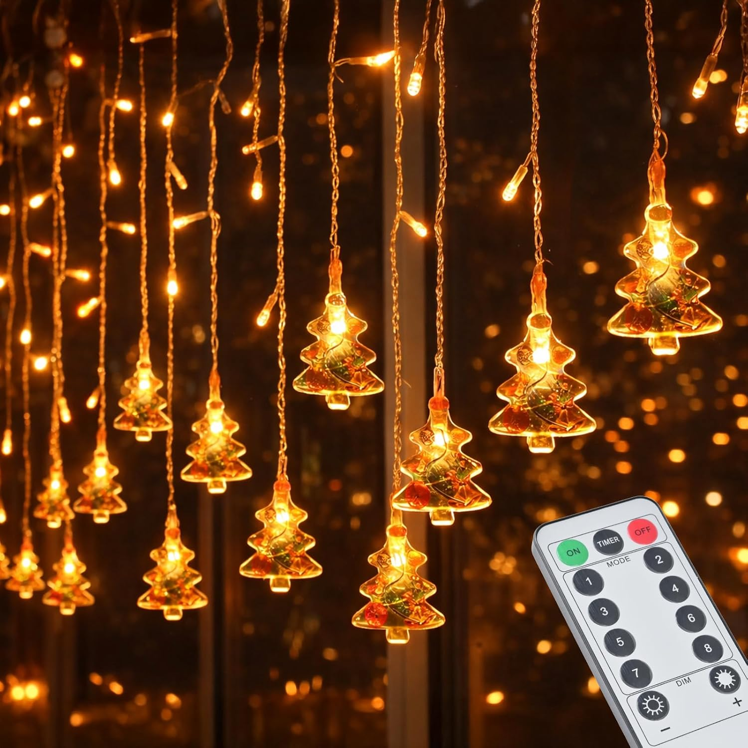 Curtain String Lights 108 LEDs - 8 Modes Dimmable Icicle Christmas Lights Warm White