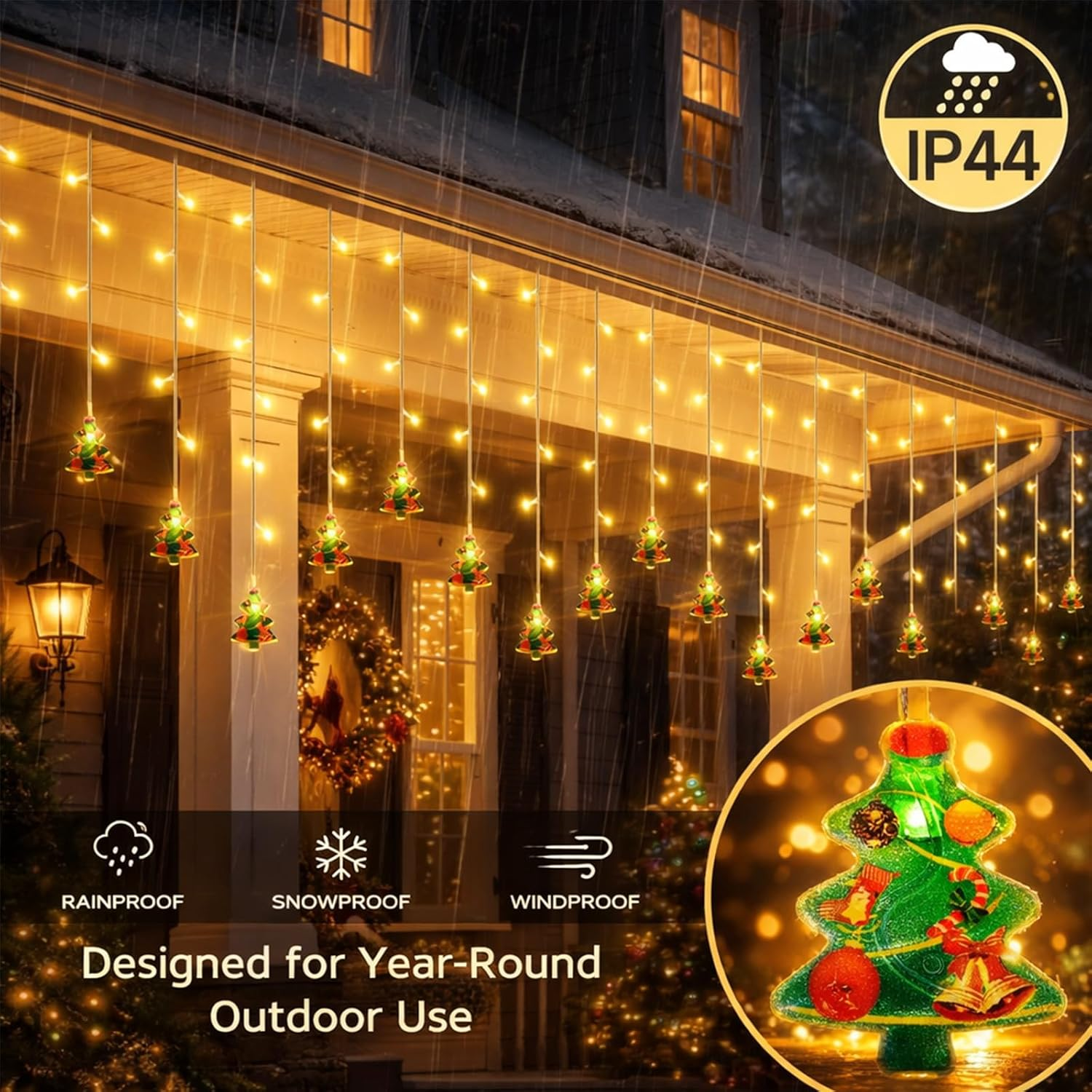 Curtain String Lights 108 LEDs - 8 Modes Dimmable Icicle Christmas Lights Warm White