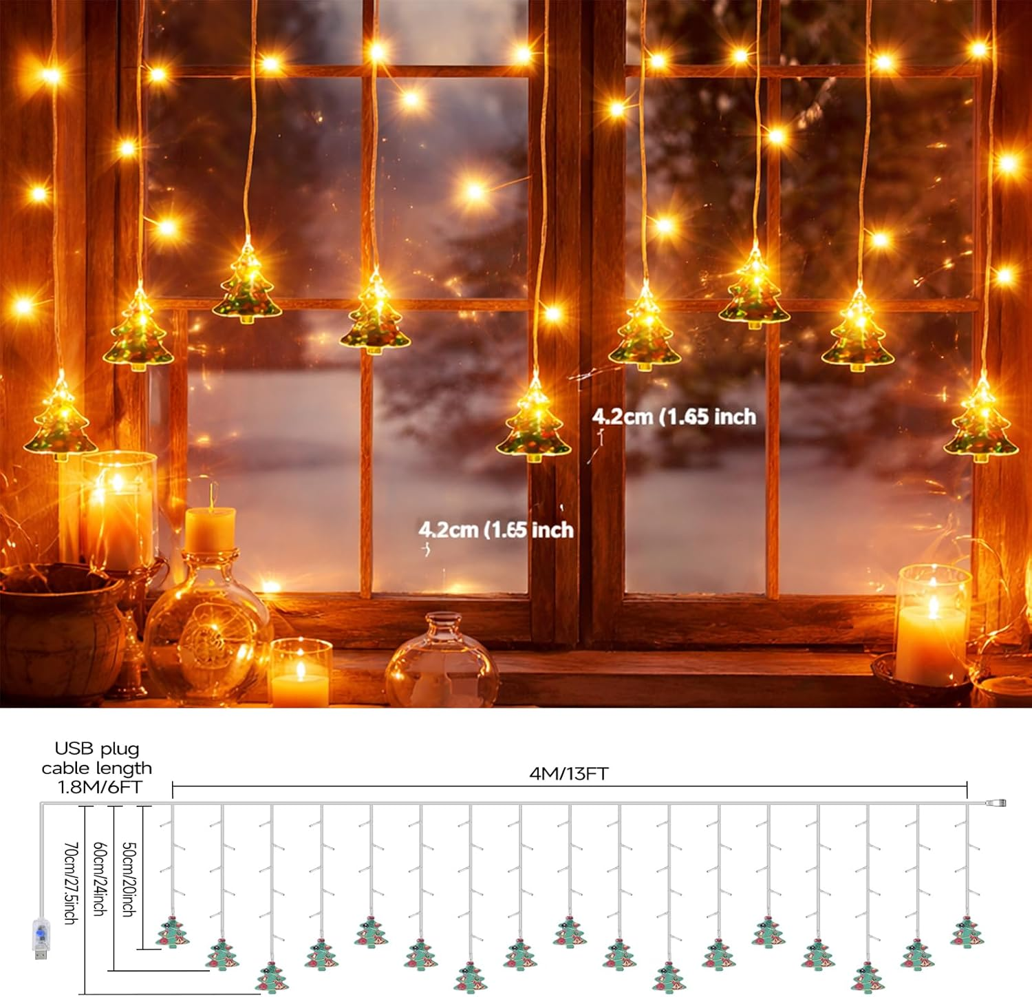 Curtain String Lights 108 LEDs - 8 Modes Dimmable Icicle Christmas Lights Warm White