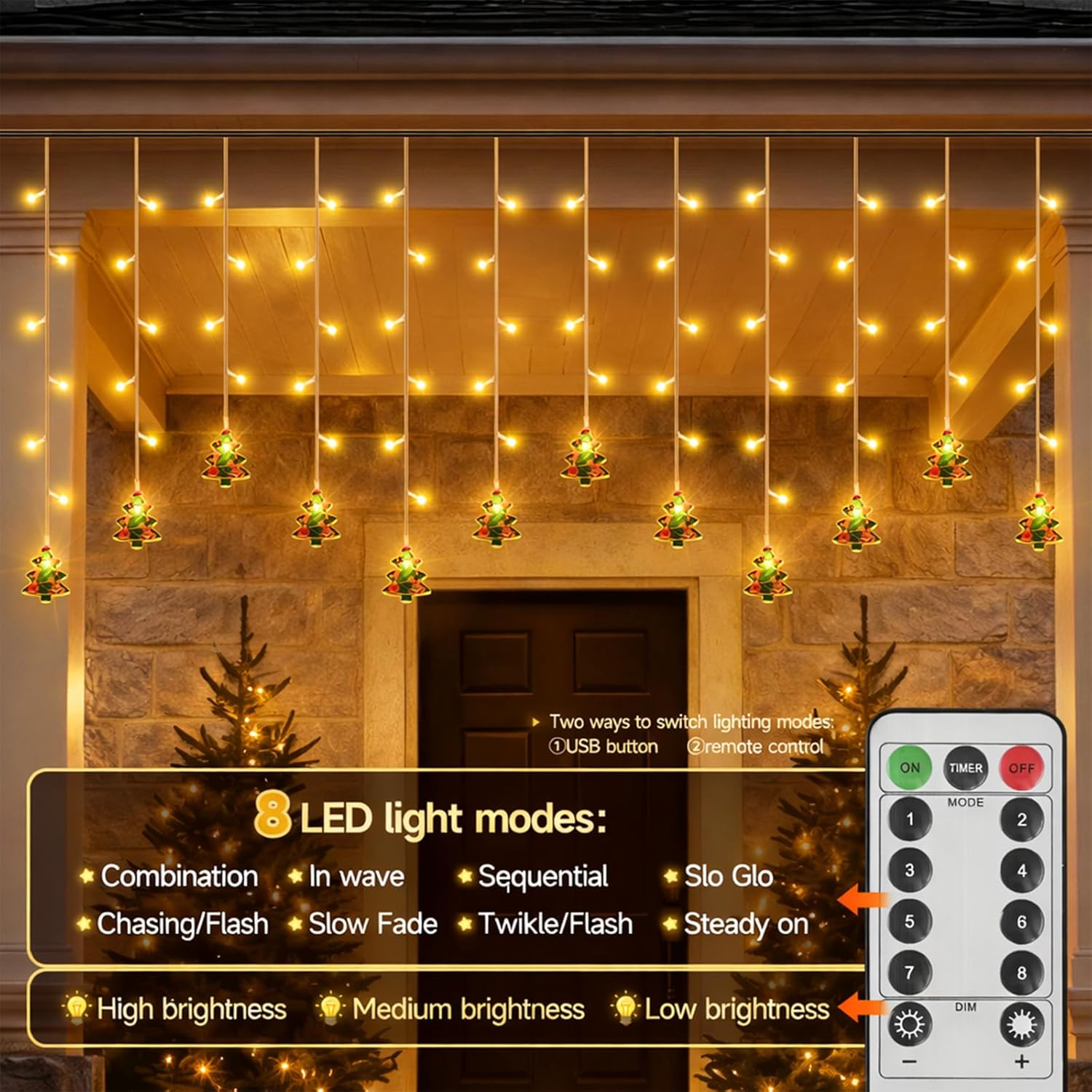 Curtain String Lights 108 LEDs - 8 Modes Dimmable Icicle Christmas Lights Warm White