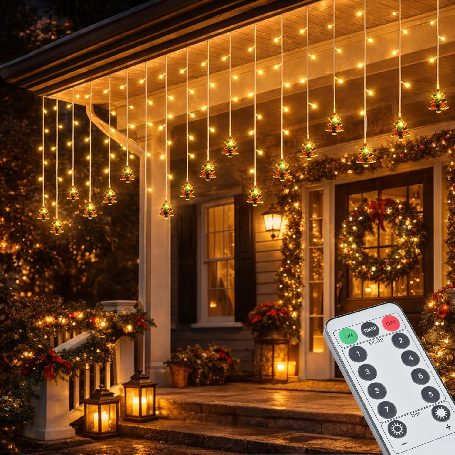 Curtain String Lights 108 LEDs - 8 Modes Dimmable Icicle Christmas Lights Warm White