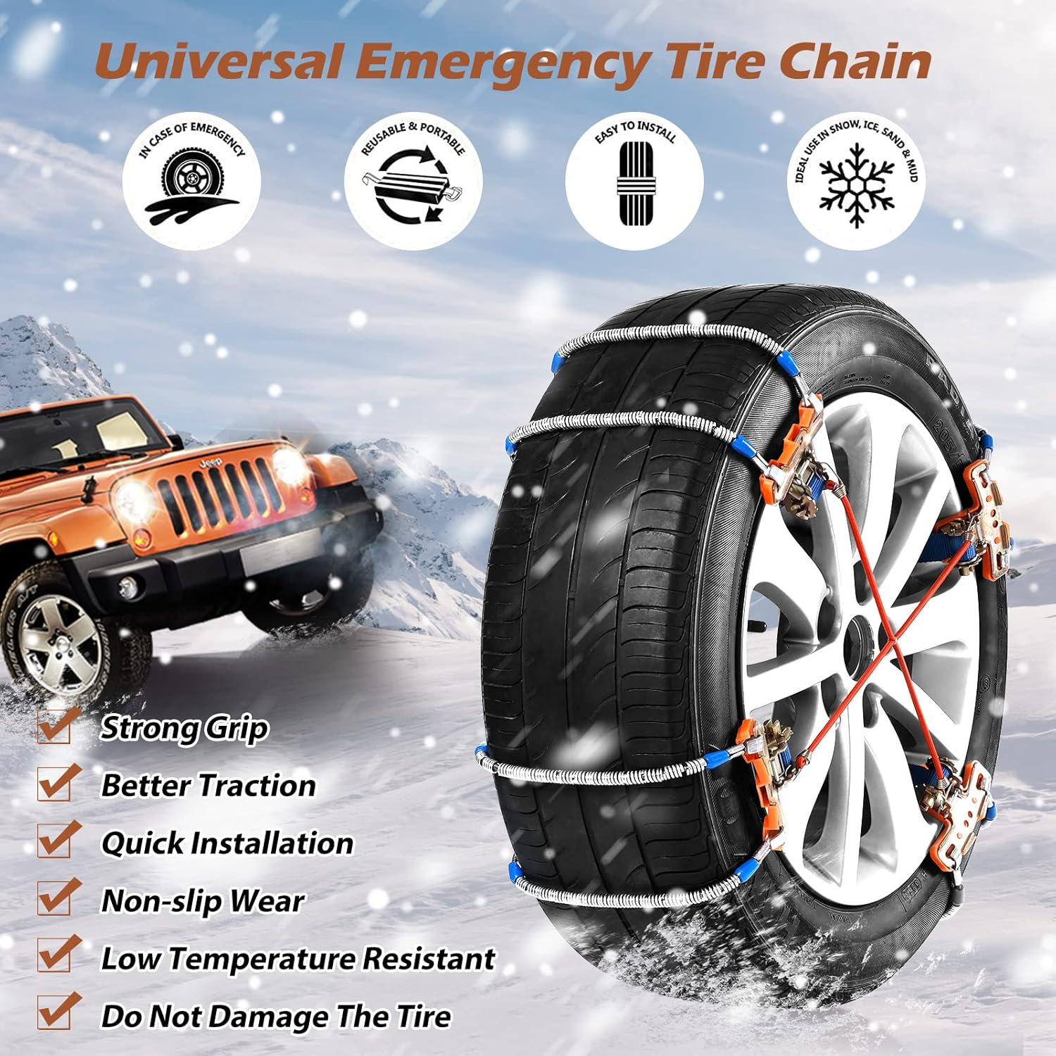 Snow Chains for SUV Car Pickup Trucks - Universal Adjustable Emergency Traction Chains 8PCS (Tire Width 215-265MM)