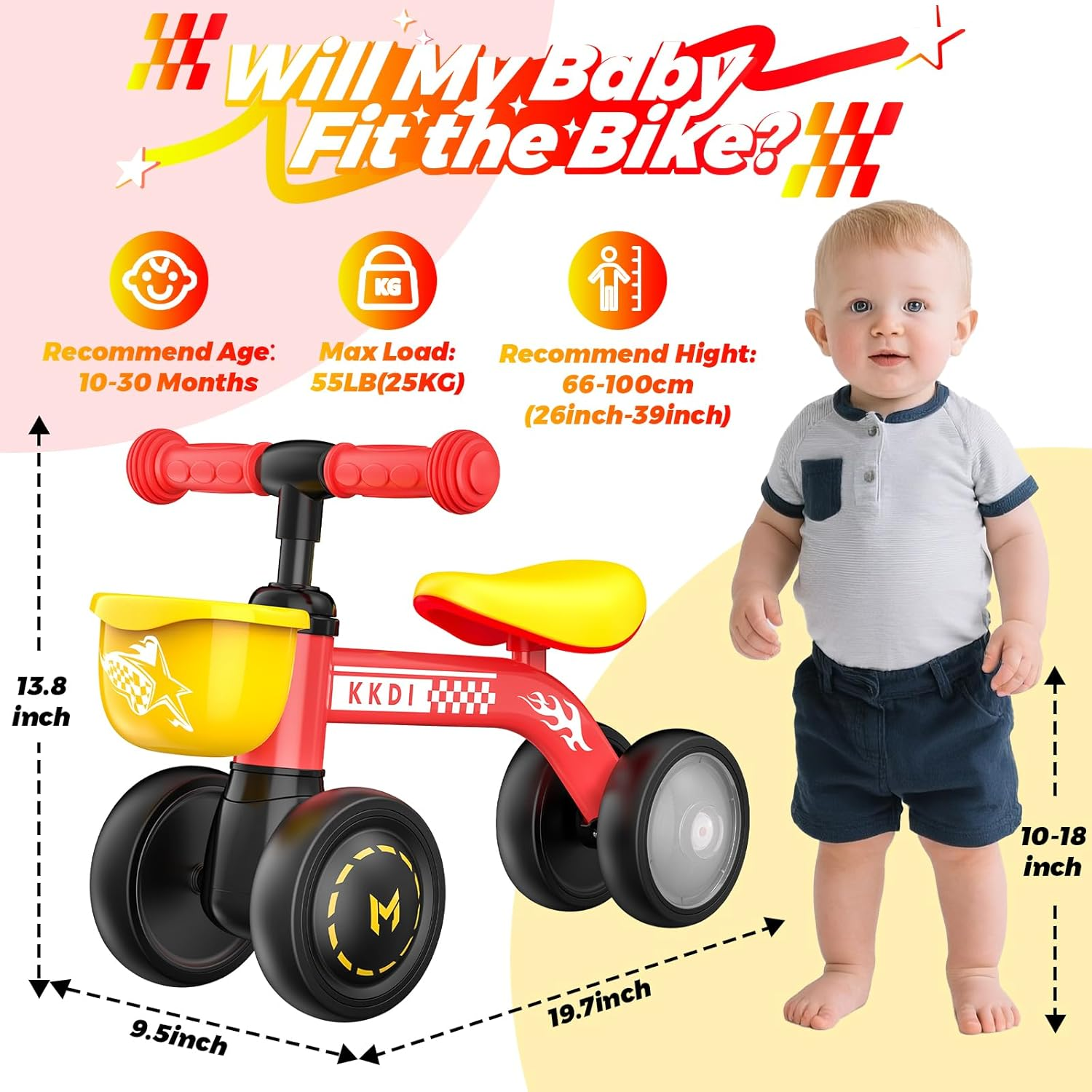 Baby Balance Bike Ride on Toys for 1-2 Year Old - First Birthday Gift with Colorful Lighting Silent Wheels & Basket