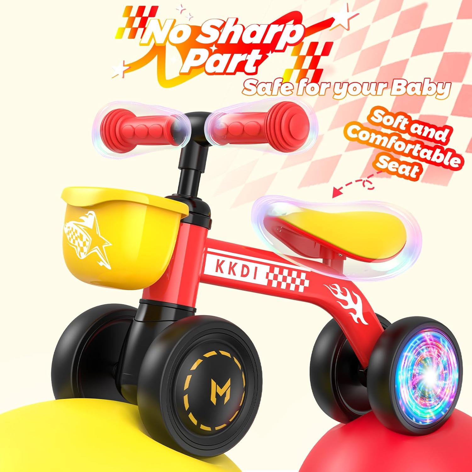 Baby Balance Bike Ride on Toys for 1-2 Year Old - First Birthday Gift with Colorful Lighting Silent Wheels & Basket