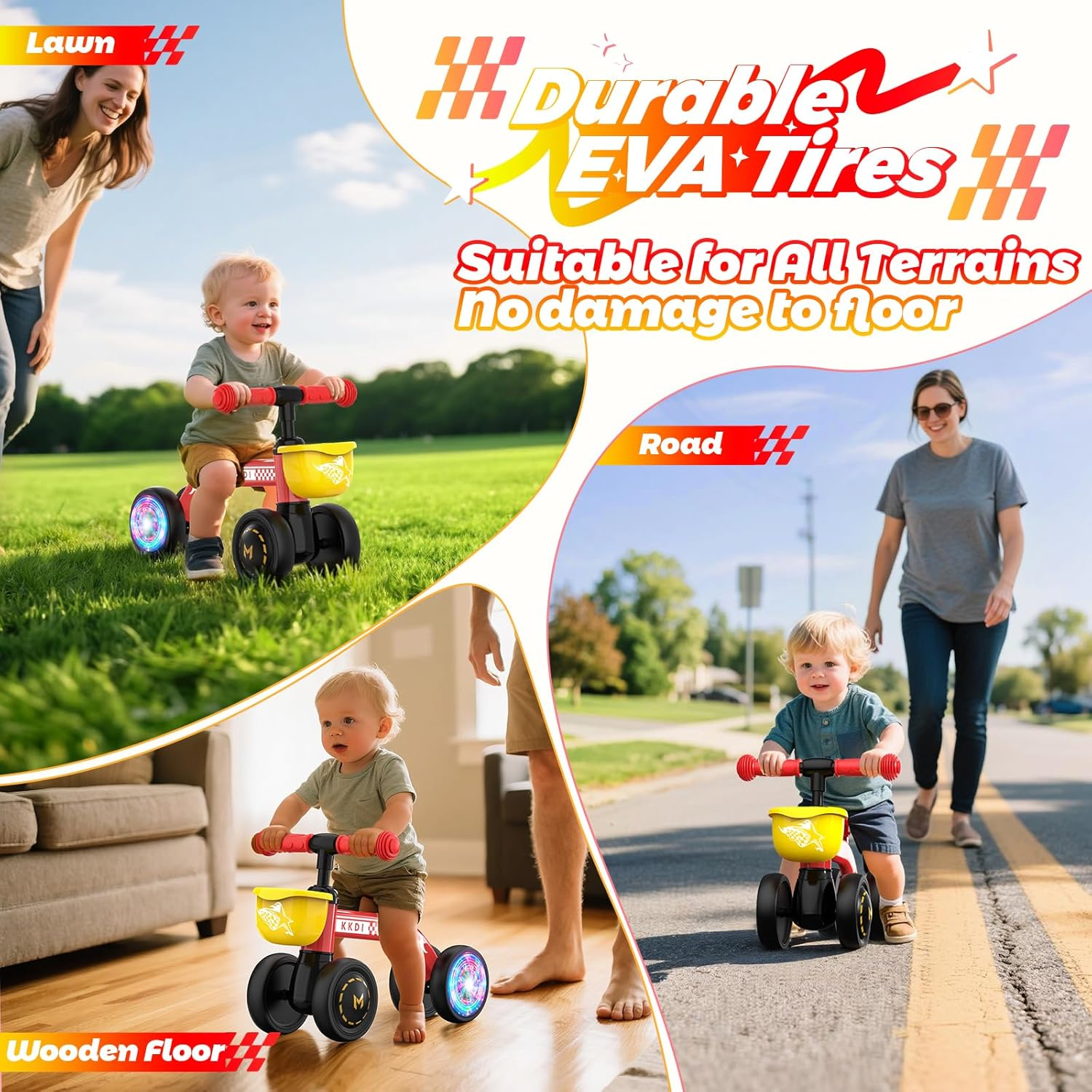 Baby Balance Bike Ride on Toys for 1-2 Year Old - First Birthday Gift with Colorful Lighting Silent Wheels & Basket