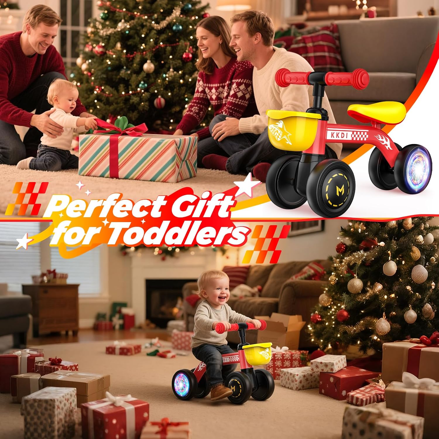 Baby Balance Bike Ride on Toys for 1-2 Year Old - First Birthday Gift with Colorful Lighting Silent Wheels & Basket