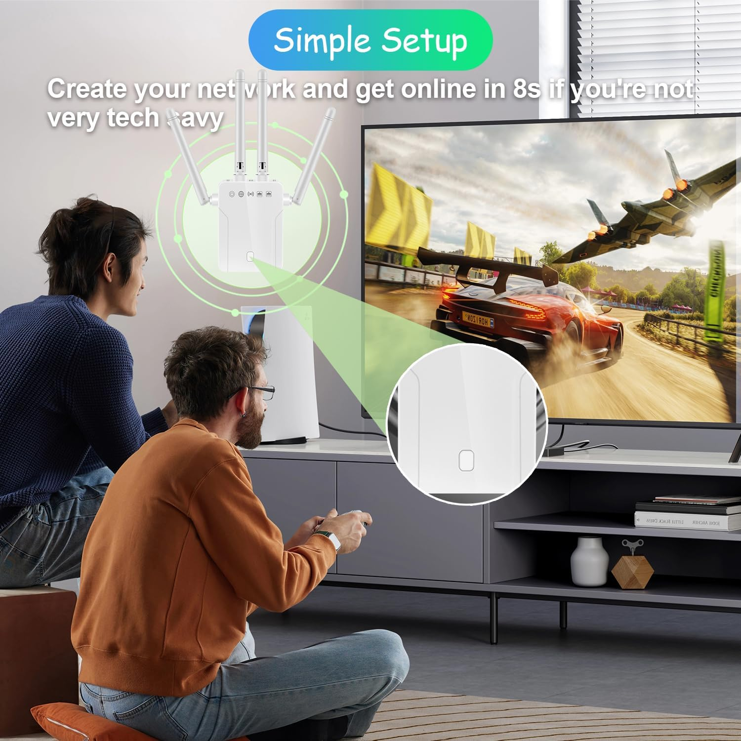 WiFi Extender Signal Booster - Long Range Repeater Covers 8700 Sq Ft for 45 Devices - Apartment Basement Office House