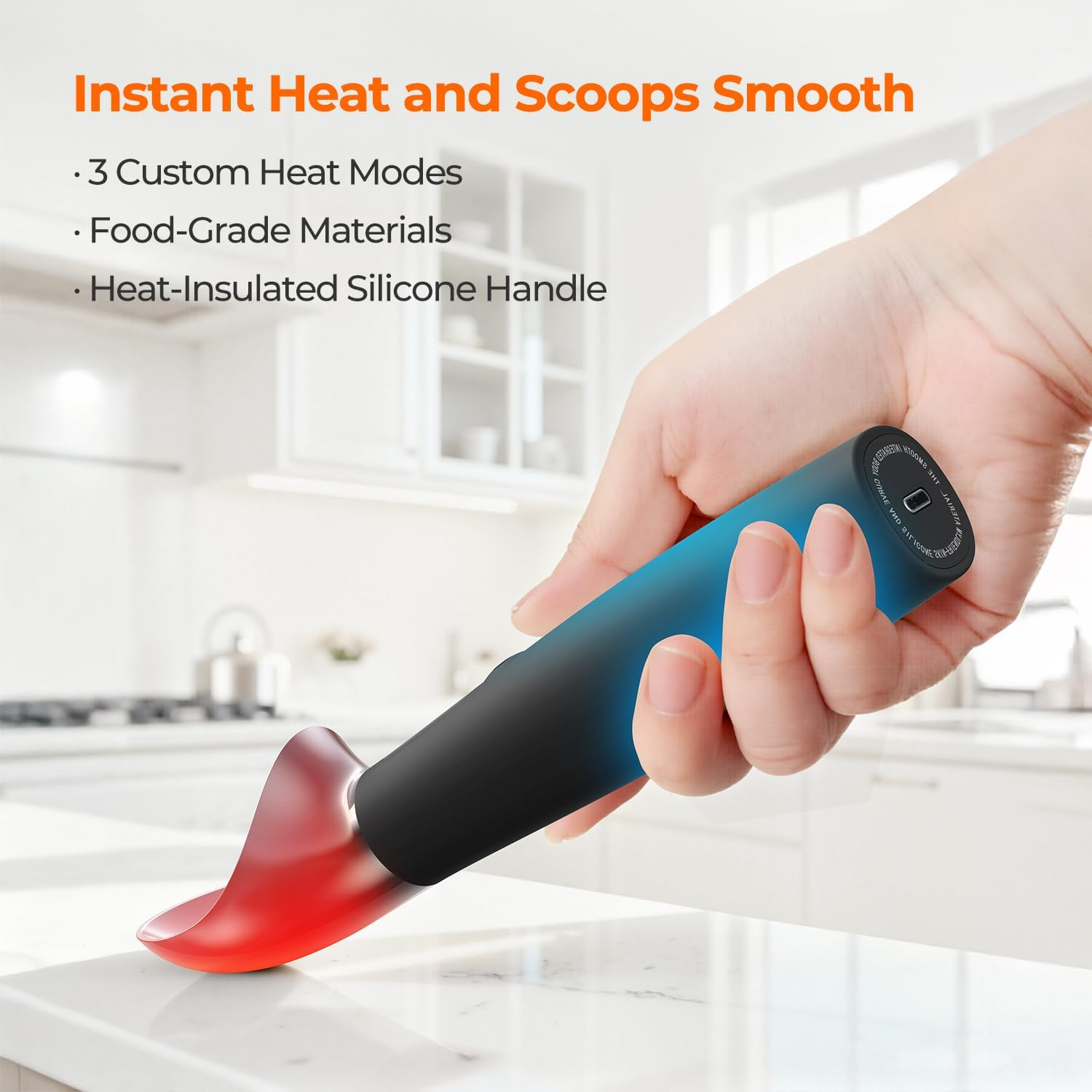 Heated Ice Cream Scoop with On/Off Switch - Electric Rechargeable Scooper with LED Display IPX7 Waterproof