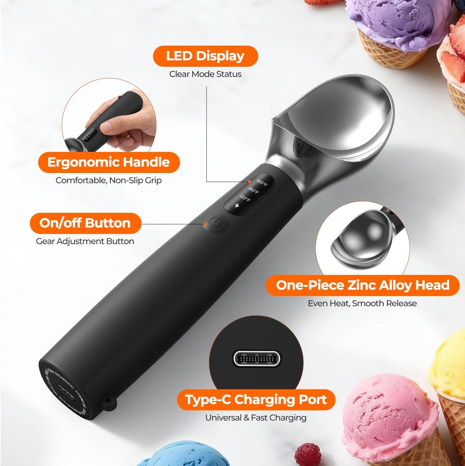 Heated Ice Cream Scoop with On/Off Switch - Electric Rechargeable Scooper with LED Display IPX7 Waterproof