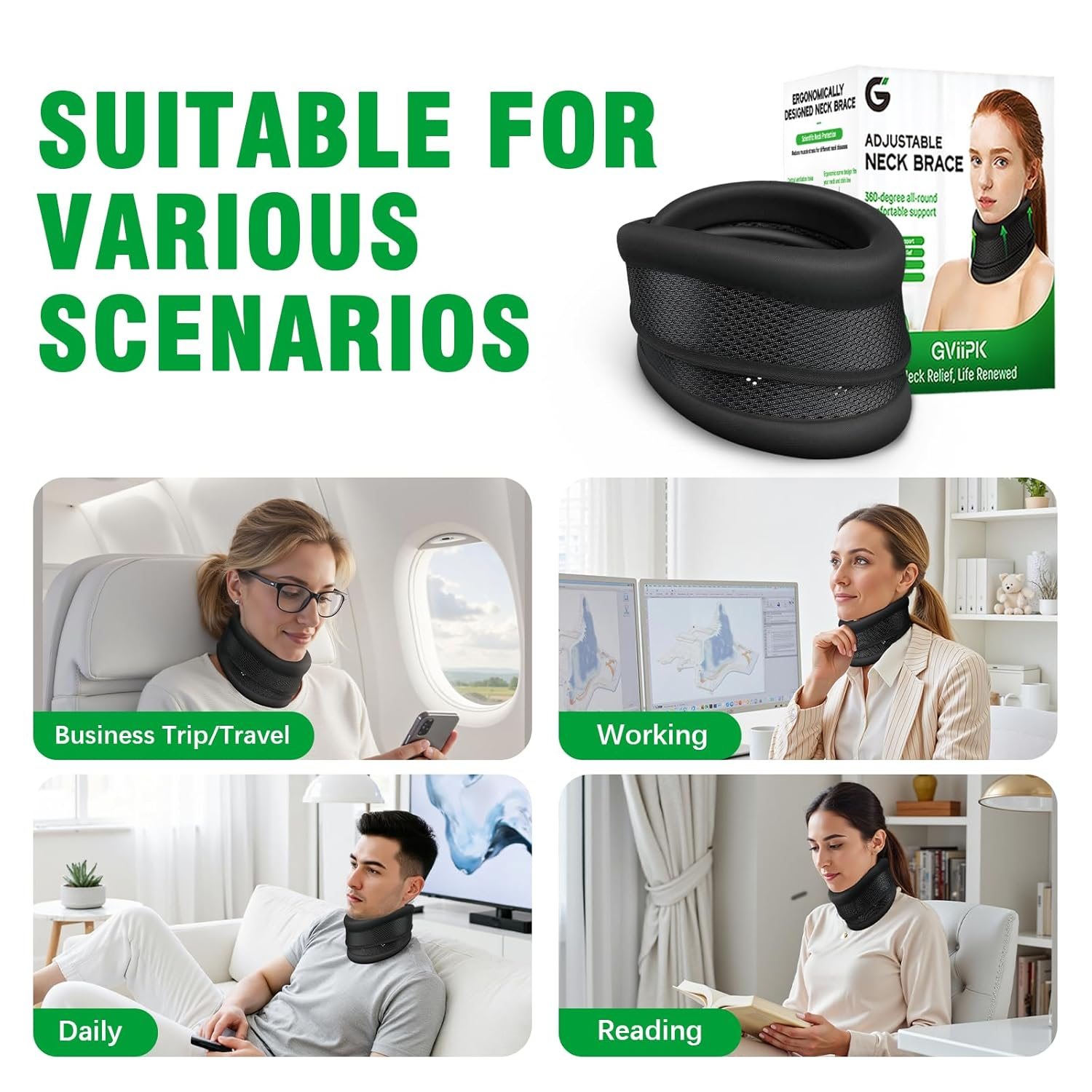 Neck Brace - 2 in 1 Adjustable Cervical Collar with Soft Breathable Support for Pain Relief & Injury Recovery