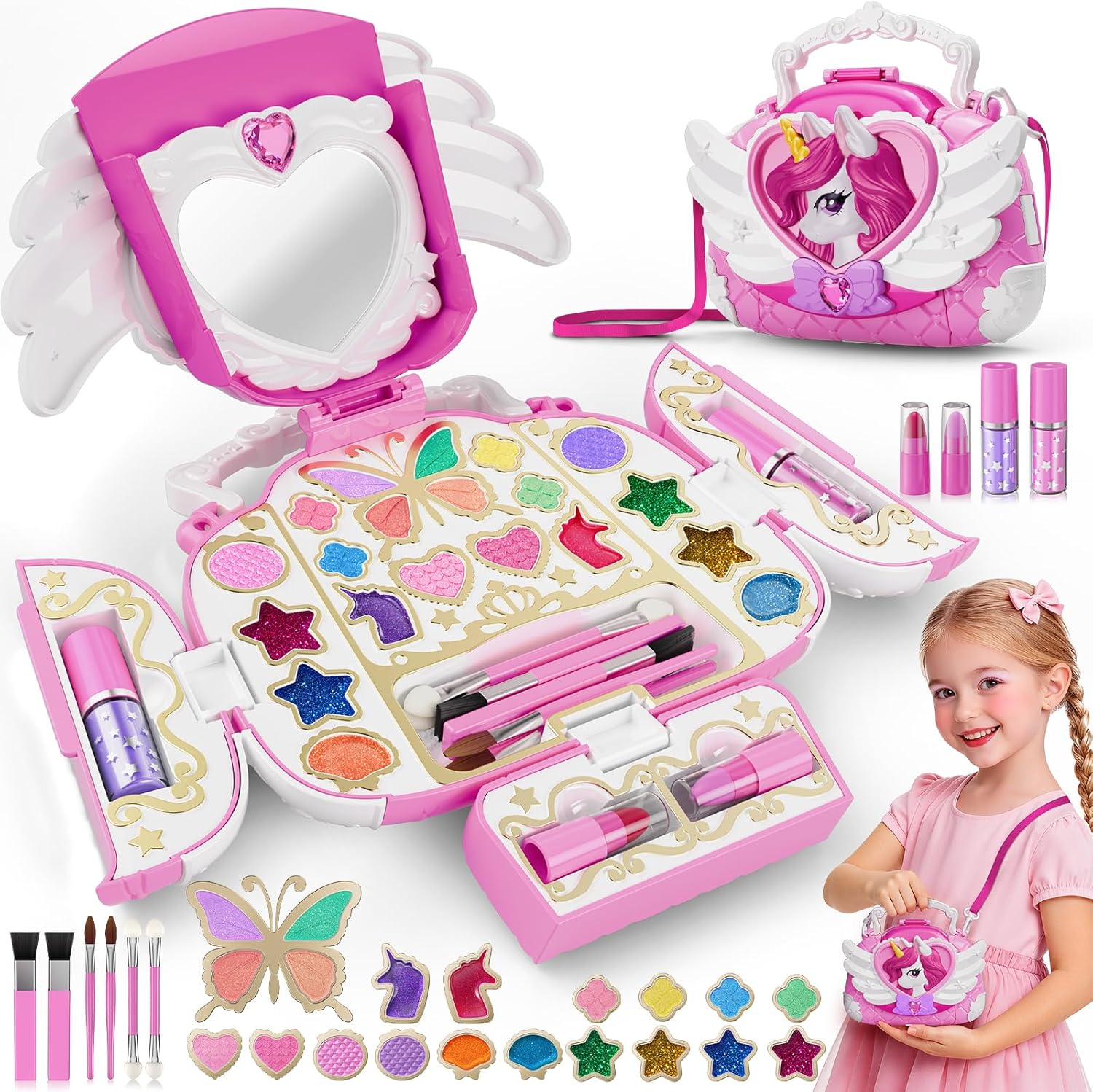 Kids Makeup Kit with Mirror & Strap - Real Washable Princess Unicorn Make Up Set for Girls Age 3-12