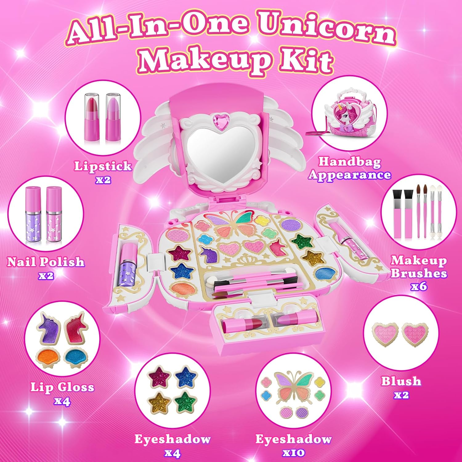 Kids Makeup Kit with Mirror & Strap - Real Washable Princess Unicorn Make Up Set for Girls Age 3-12