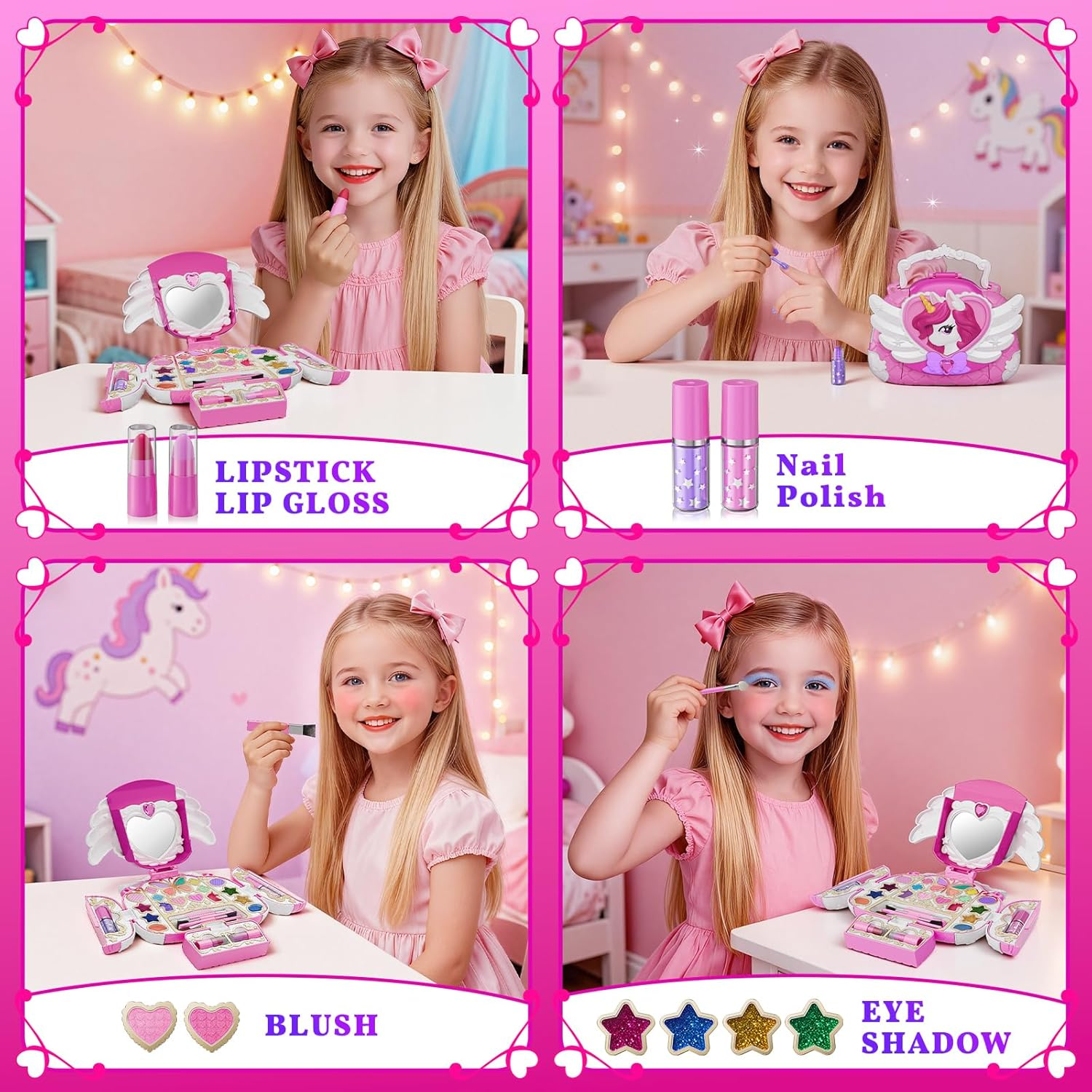 Kids Makeup Kit with Mirror & Strap - Real Washable Princess Unicorn Make Up Set for Girls Age 3-12