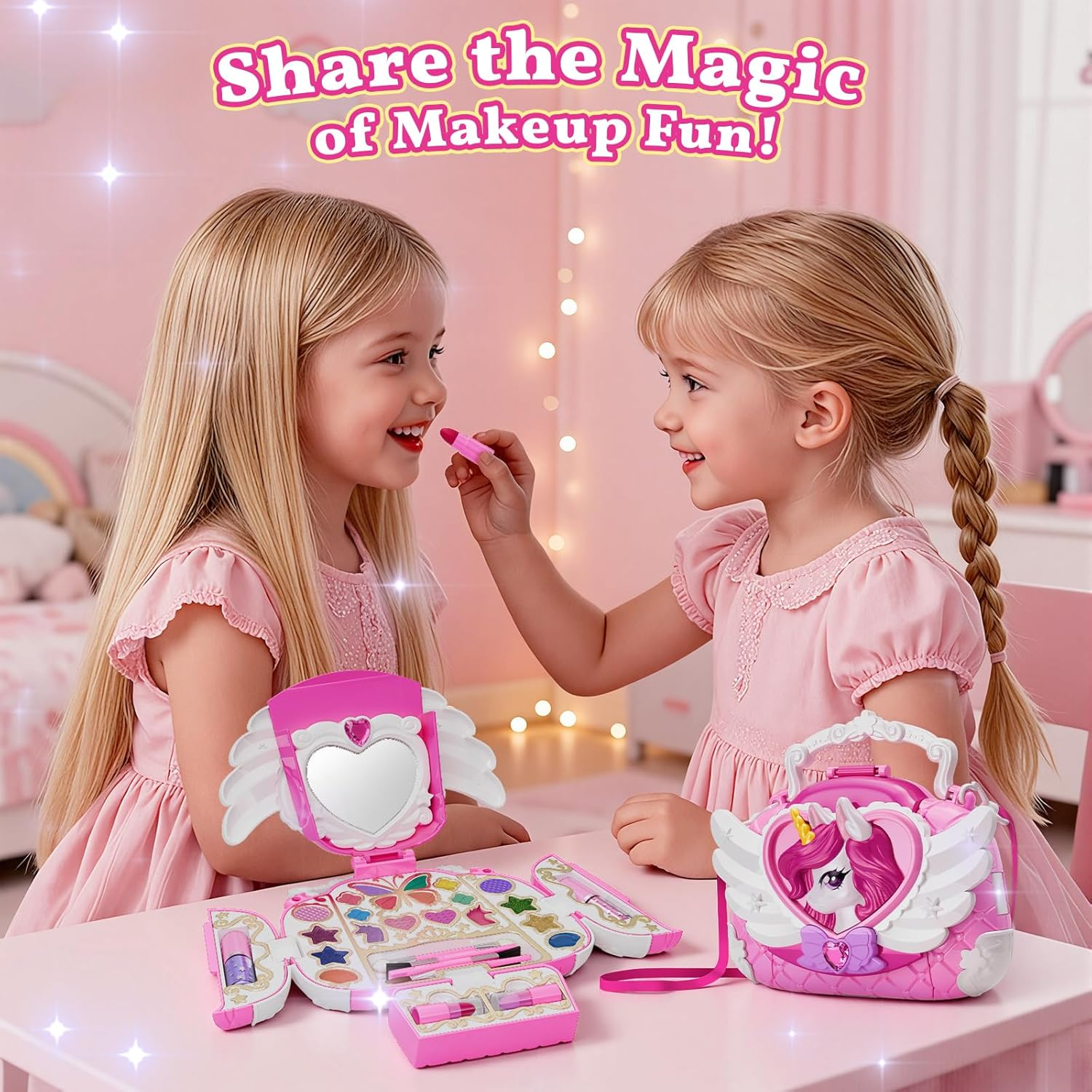 Kids Makeup Kit with Mirror & Strap - Real Washable Princess Unicorn Make Up Set for Girls Age 3-12