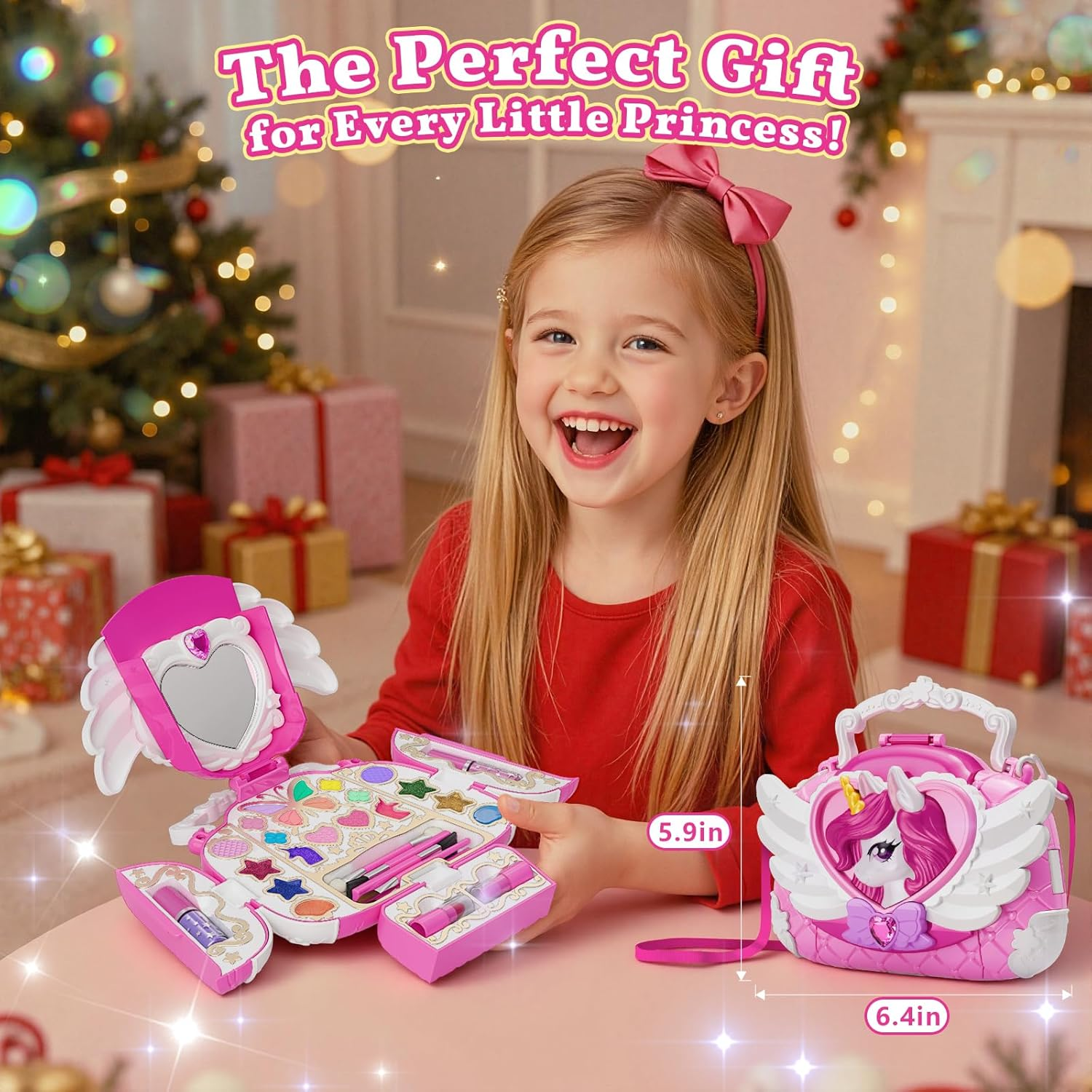 Kids Makeup Kit with Mirror & Strap - Real Washable Princess Unicorn Make Up Set for Girls Age 3-12