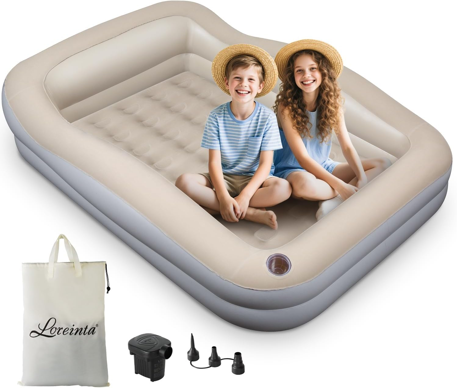 Inflatable Toddler Travel Bed - Portable Kids Bed with Safety Bumpers, Pump & Carry Bag for Travel & Camping