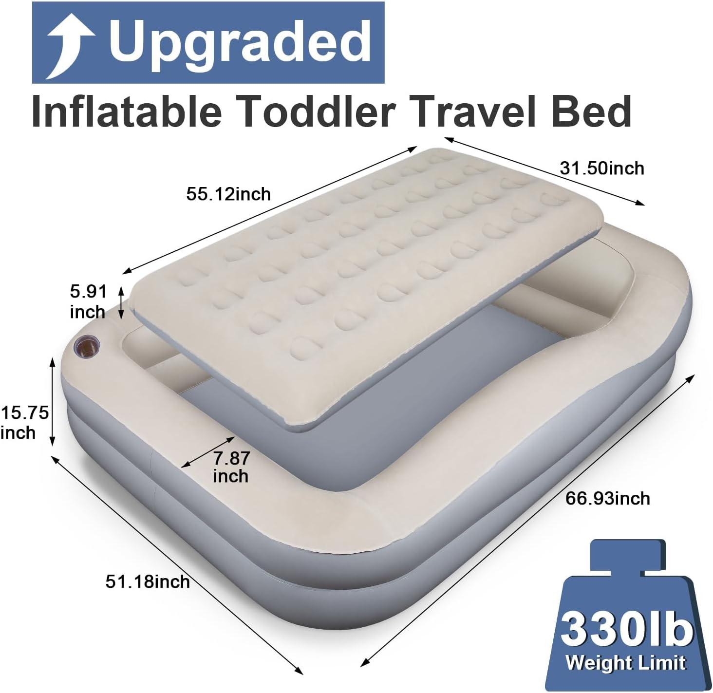 Inflatable Toddler Travel Bed - Portable Kids Bed with Safety Bumpers, Pump & Carry Bag for Travel & Camping
